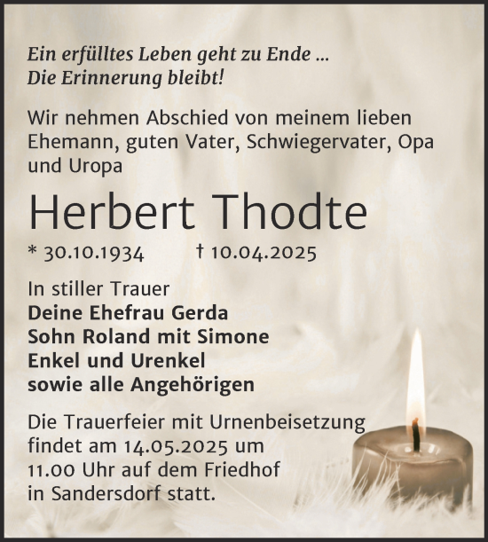 Traueranzeige von Herbert Thodte von Trauerkombi Bitterfeld