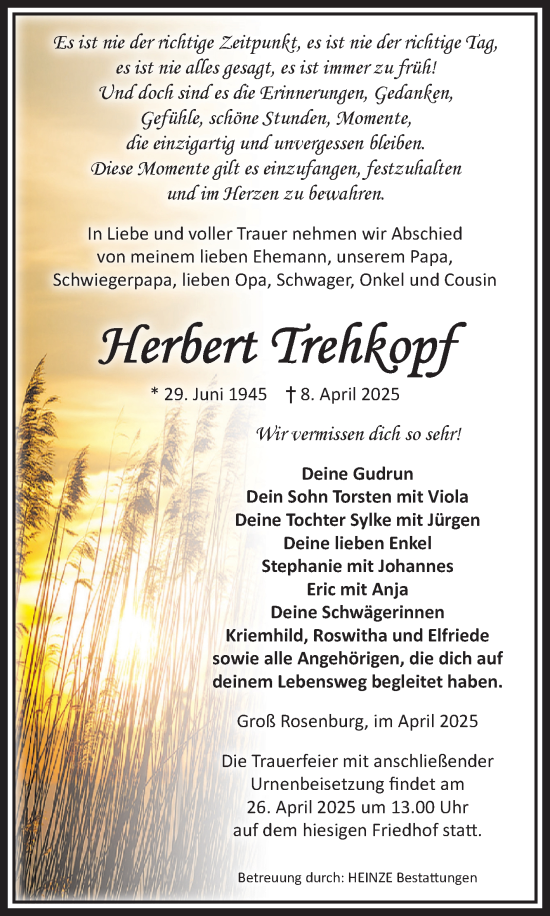 Traueranzeige von Herbert Trehkopf von Volksstimme Schönebeck