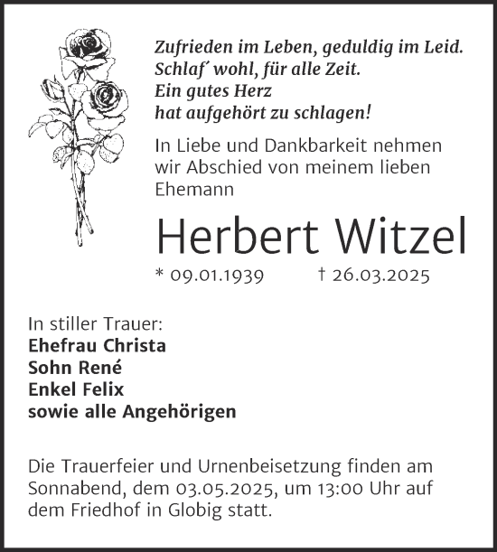 Traueranzeige von Herbert Witzel von Trauerkombi Wittenberg