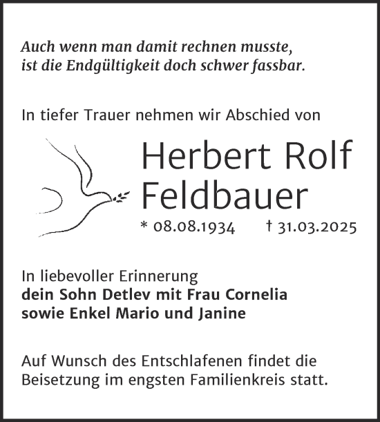 Traueranzeige von Herbert Rolf Feldbauer von Mitteldeutsche Zeitung Halle/Saalkreis