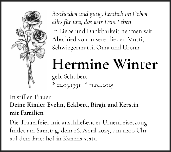 Traueranzeige von Hermine Winter von Mitteldeutsche Zeitung Halle/Saalkreis