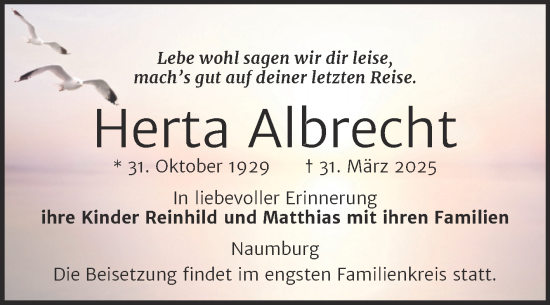 Traueranzeige von Herta Albrecht von Naumburger Tageblatt