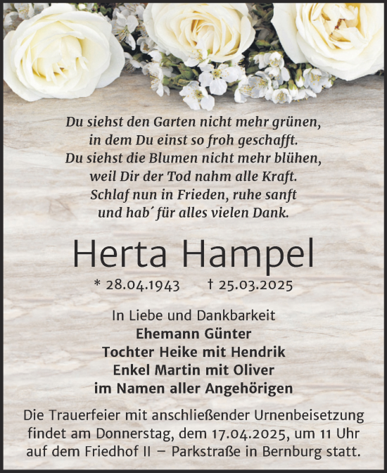 Traueranzeige von Herta Hampel von Trauerkombi Bernburg