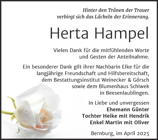 Traueranzeige von Herta Hampel von Trauerkombi Bernburg