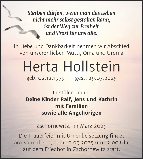 Traueranzeige von Herta Hollstein von Trauerkombi Wittenberg