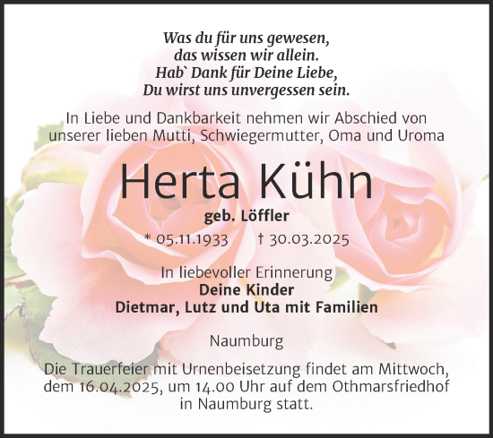 Traueranzeige von Herta Kühn von Super Sonntag Naumburg/Nebra