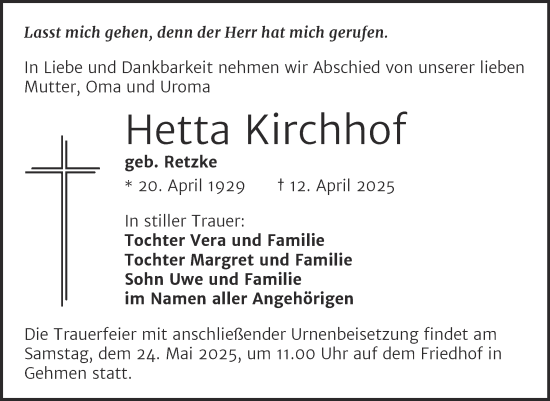 Traueranzeige von Hetta Kirchhoff von Trauerkombi Wittenberg