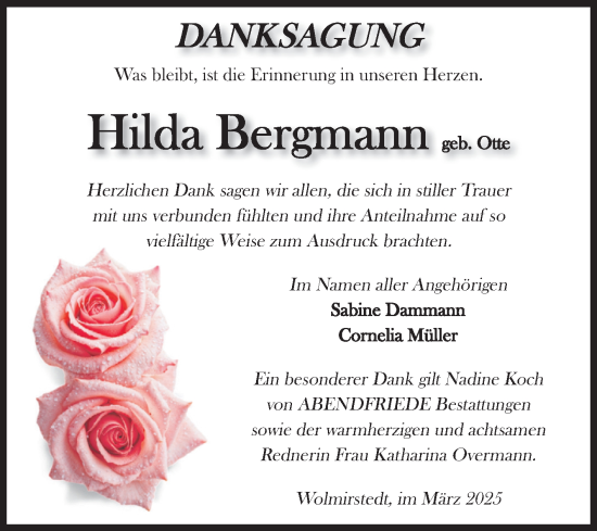 Traueranzeige von Hilda Bergmann von Volksstimme Haldensleben/Wolmirstedt
