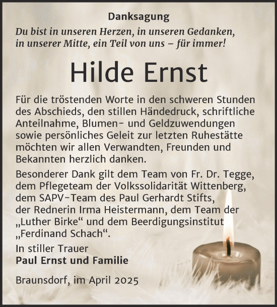 Traueranzeige von Hilde Ernst von Trauerkombi Wittenberg