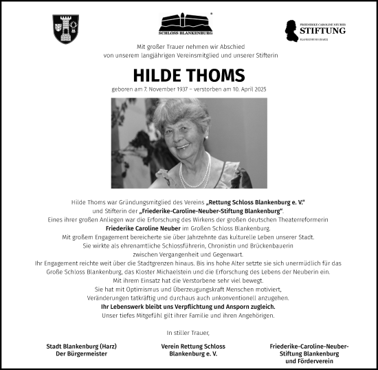 Traueranzeige von Hilde Thoms von Volksstimme Wernigerode