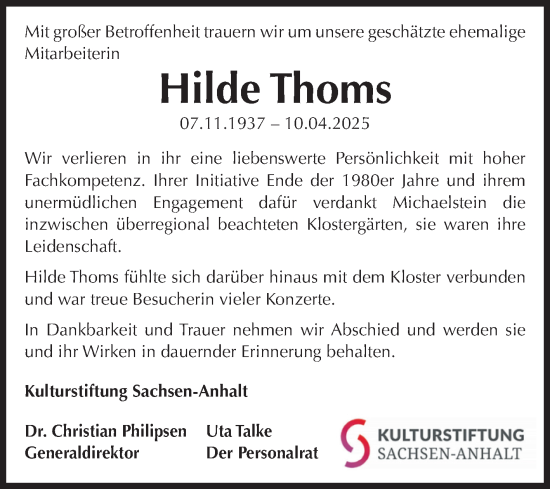 Traueranzeige von Hilde Thoms von Volksstimme Wernigerode