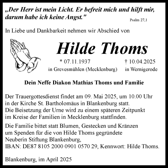 Traueranzeige von Hilde Thoms von Volksstimme Wernigerode