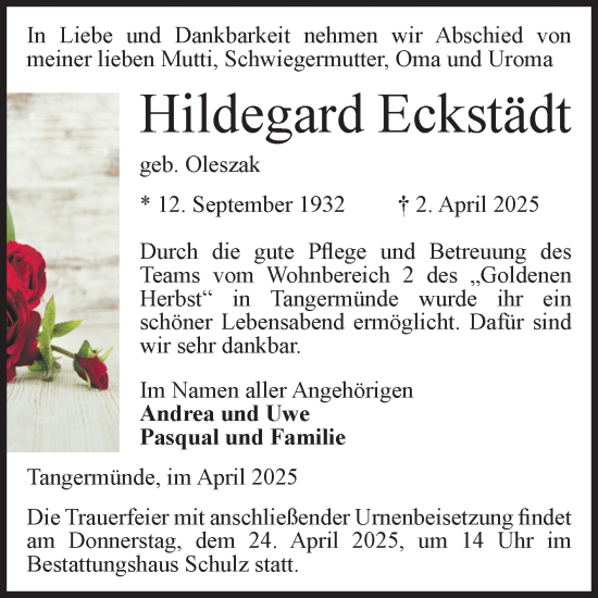 Traueranzeige von Hildegard Eckstädt von Volksstimme Altmark Ost