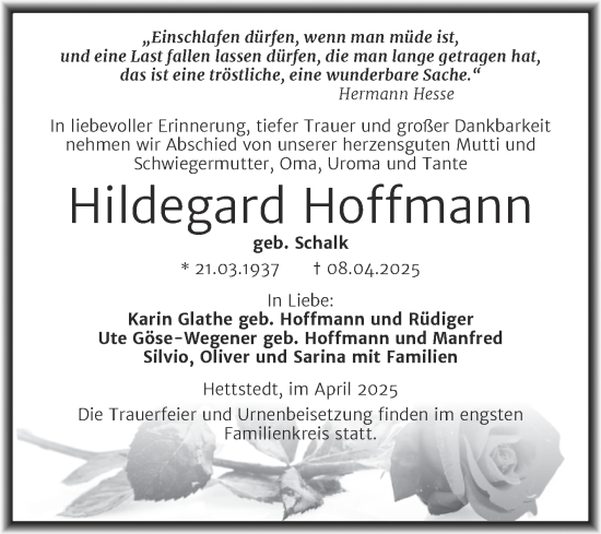 Traueranzeige von Hildegard Hoffmann von Trauerkombi Mansfelder Land