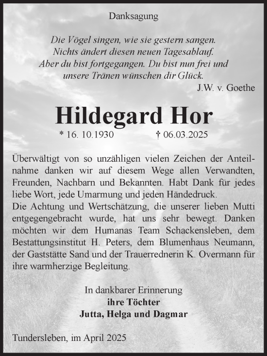 Traueranzeige von Hildegard Hor von Volksstimme Haldensleben/Wolmirstedt
