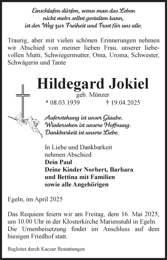 Traueranzeige von Hildegard Jokiel von Volksstimme Staßfurt