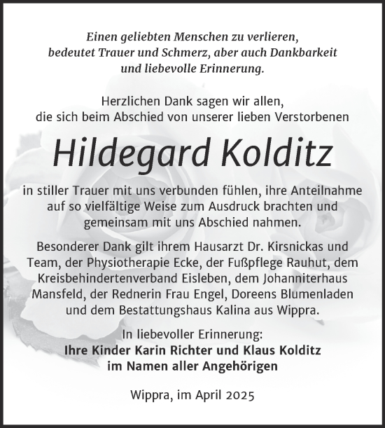 Traueranzeige von Hildegard Kolditz von Trauerkombi Mansfelder Land