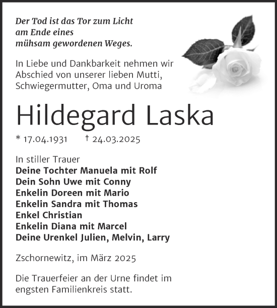 Traueranzeige von Hildegard Laska von Trauerkombi Wittenberg