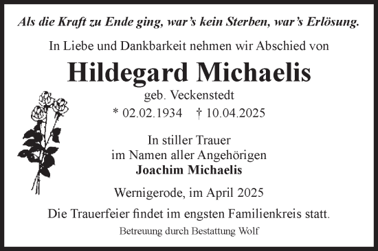 Traueranzeige von Hildegard Michaelis von Volksstimme Wernigerode