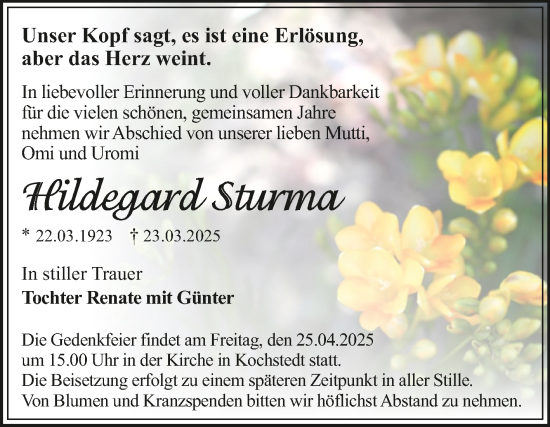 Traueranzeige von Hildegard Sturma von Trauerkombi Dessau