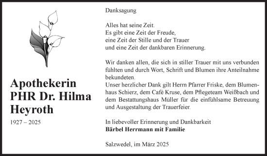 Traueranzeige von Hilma Heyroth von Volksstimme Altmark West