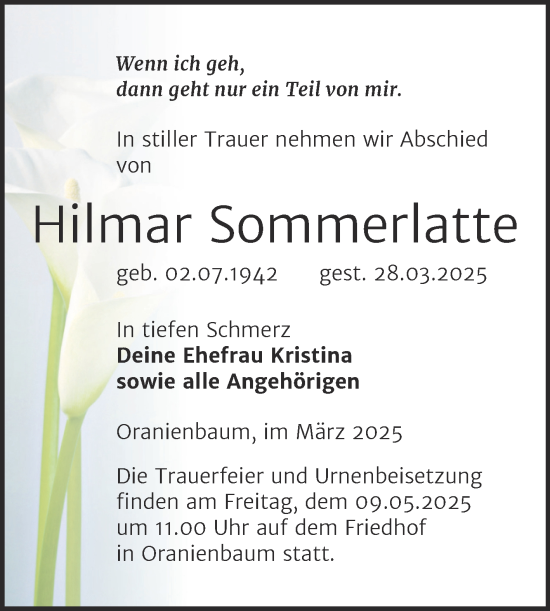 Traueranzeige von Hilmar Sommerlatte von Trauerkombi Wittenberg