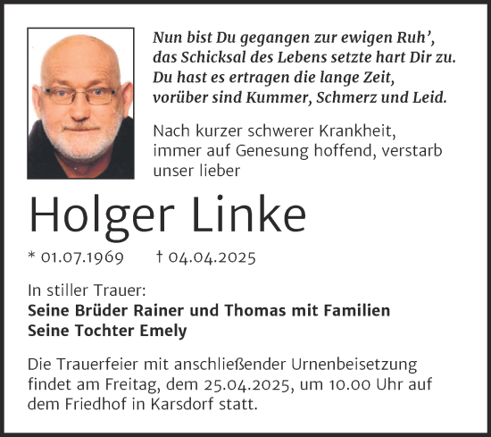 Traueranzeige von Holger Linke von Super Sonntag Naumburg/Nebra