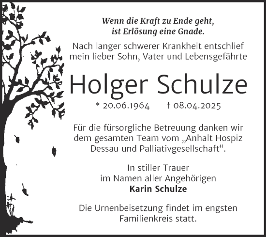 Traueranzeige von Holger Schulze von Trauerkombi Dessau