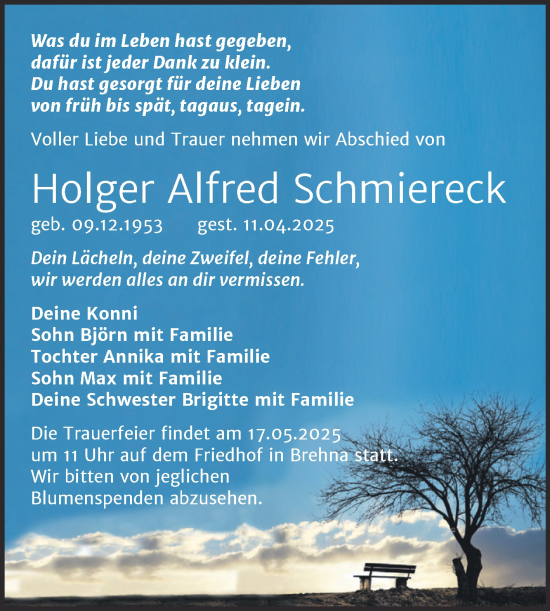 Traueranzeige von Holger Alfred Schmiereck von Trauerkombi Bitterfeld