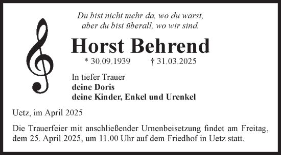 Traueranzeige von Horst Behrend von Volksstimme Altmark Ost