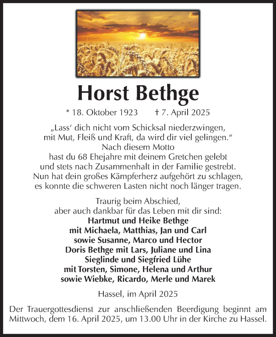 Traueranzeige von Horst Bethge von Volksstimme Altmark Ost