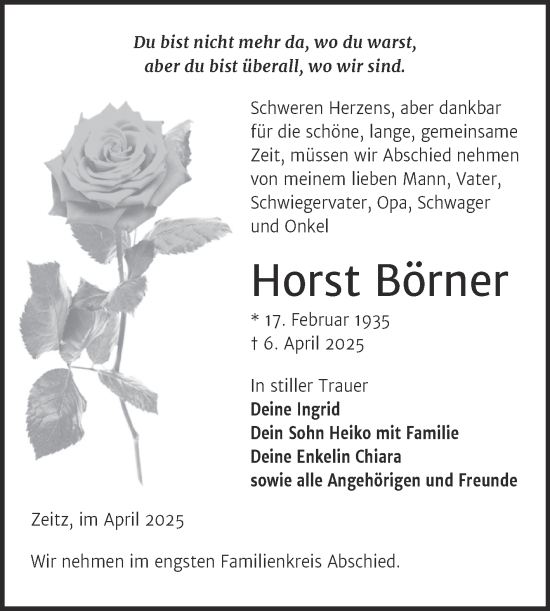 Traueranzeige von Horst Börner von Trauerkombi Zeitz