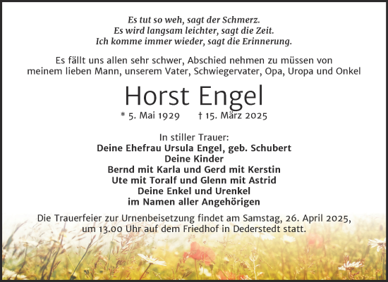 Traueranzeige von Horst Engel von Trauerkombi Mansfelder Land