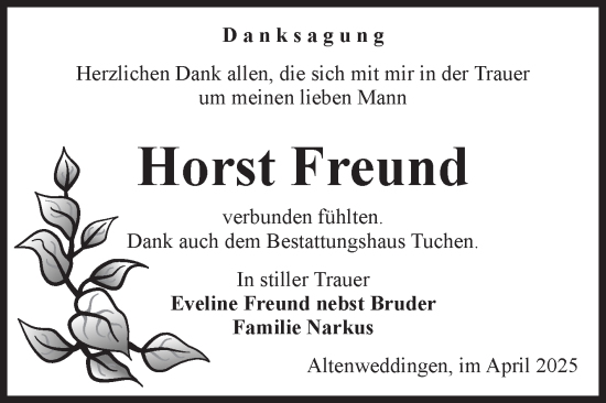 Traueranzeige von Horst Freund von Volksstimme Oschersleben/Wanzleben