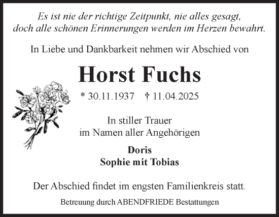 Traueranzeige von Horst Fuchs von Volksstimme Magdeburg