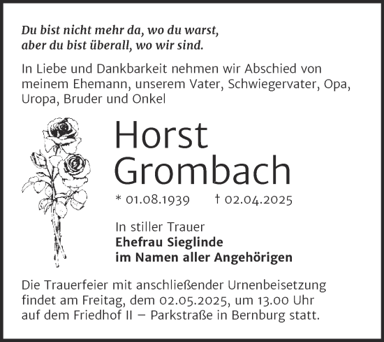 Traueranzeige von Horst Grombach von Trauerkombi Bernburg
