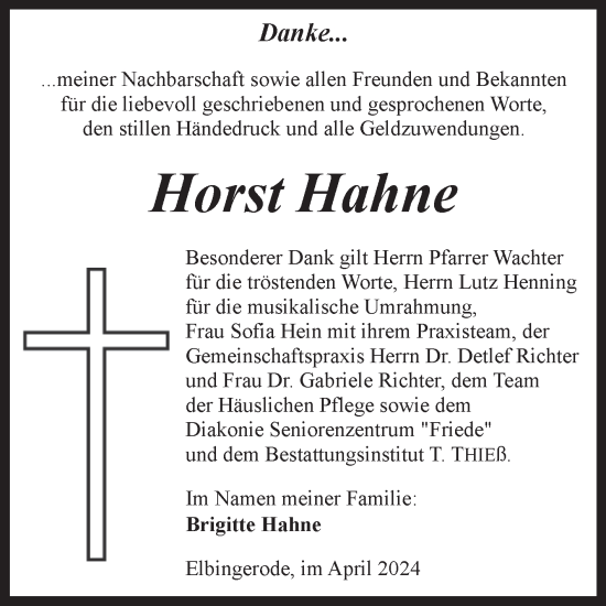 Traueranzeige von Horst Hahne von Volksstimme Wernigerode