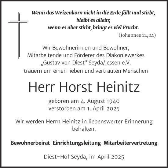 Traueranzeige von Horst Heinitz von Super Sonntag Wittenberg