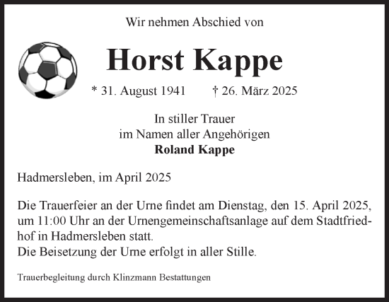 Traueranzeige von Horst Kappe von Volksstimme Oschersleben/Wanzleben