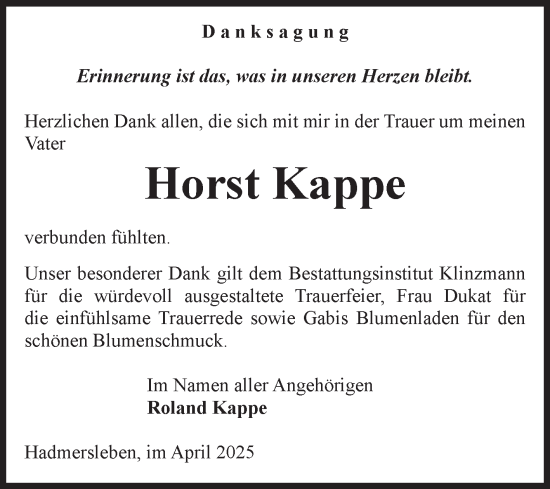 Traueranzeige von Horst Kappe von Volksstimme Oschersleben/Wanzleben