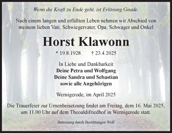 Traueranzeige von Horst Klawonn von Volksstimme Wernigerode