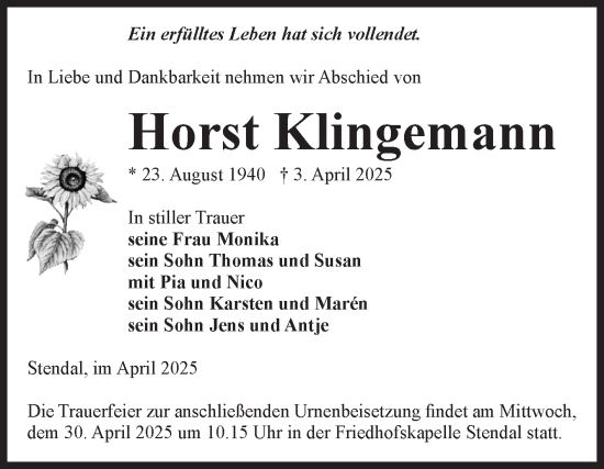 Traueranzeige von Horst Klingemann von Volksstimme Altmark Ost