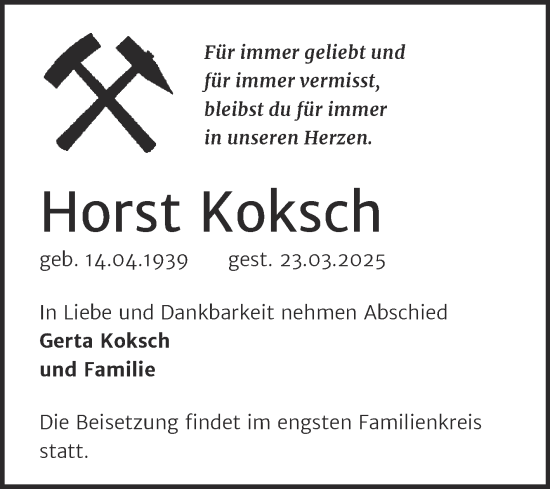 Traueranzeige von Horst Koksch von Trauerkombi Sangerhausen