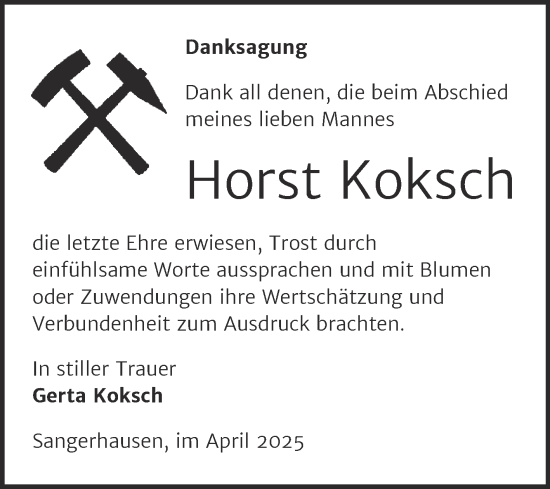 Traueranzeige von Horst Koksch von Trauerkombi Sangerhausen