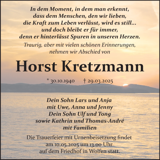 Traueranzeige von Horst Kretzmann von Trauerkombi Bitterfeld