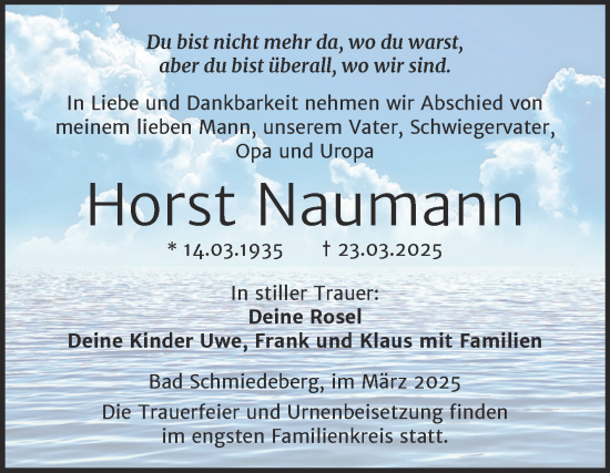 Traueranzeige von Horst Naumann von Trauerkombi Wittenberg
