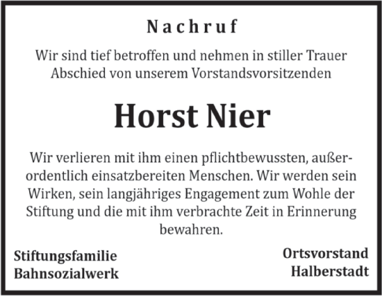 Traueranzeige von Horst Nier von Volksstimme Halberstadt