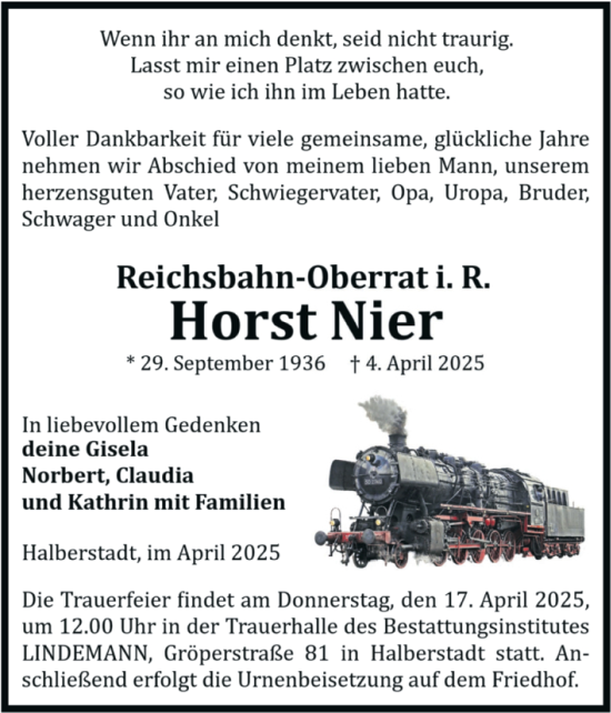 Traueranzeige von Horst Nier von Volksstimme Halberstadt