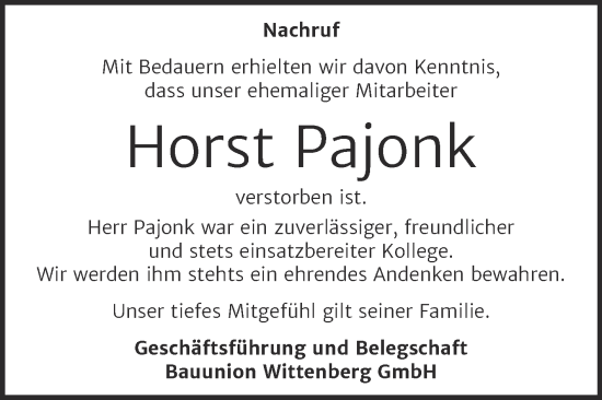 Traueranzeige von Horst Pajonk von Super Sonntag Wittenberg