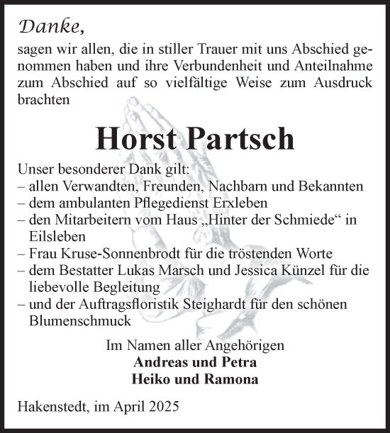 Traueranzeige von Horst Partsch von Volksstimme Haldensleben/Wolmirstedt